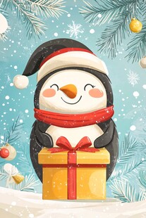 圣诞企鹅抱礼盒欢乐场景