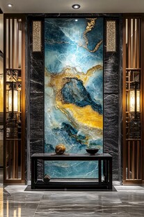 中式玄关处的瑰丽艺术壁画