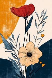 花卉插画 红黄花朵与枝叶