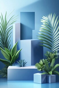 蓝色背景的绿植与几何造型