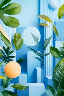 清新绿植与几何蓝色空间