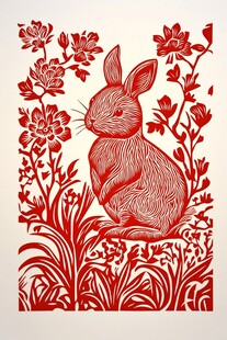 红色剪纸风兔子与花卉图案