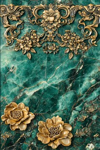 绿玉石上的金色花卉浮雕