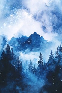 梦幻蓝调山林雪景图