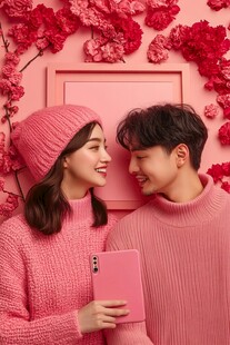 甜蜜情侣身着粉色服饰相偎