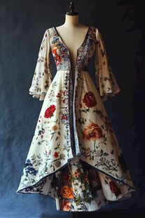 复古花卉印花喇叭袖连衣裙