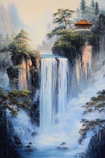 山间飞瀑旁的静谧亭阁