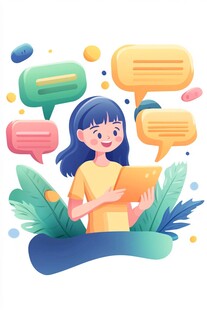 女孩手持平板与语音气泡