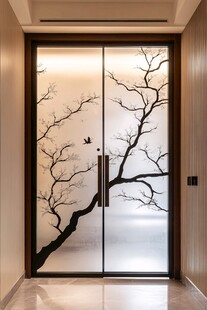 中式花鸟玻璃推拉门