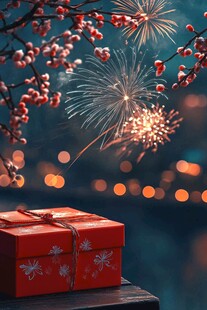 红梅烟花下的红色礼物盒