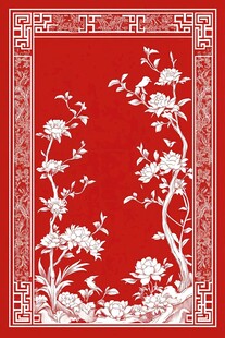 中式红底白描花卉图案