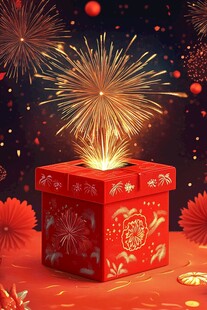 喜庆礼盒绽放绚烂烟花