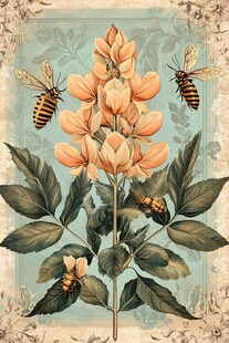 复古风花卉蜜蜂插画图