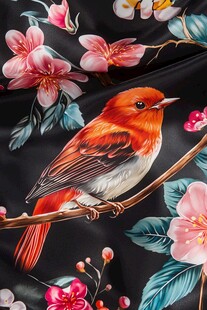 花鸟图案丝绸上的红羽小鸟