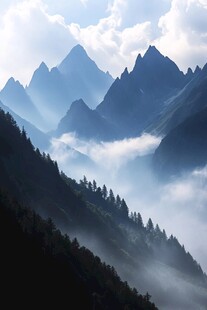 云雾缭绕的壮美山峦景色