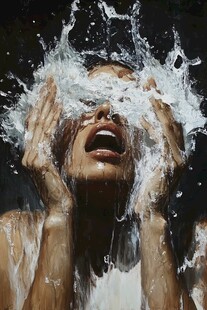 女子捧水洗脸瞬间