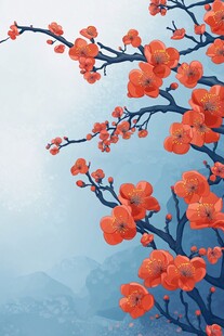 红梅绽放于蓝幕之下