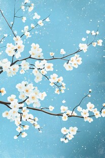 蓝天下绽放的洁白花枝