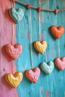 彩色心形挂饰装点多彩墙面