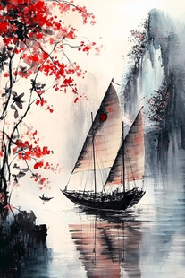 水墨江景中的帆船与繁花