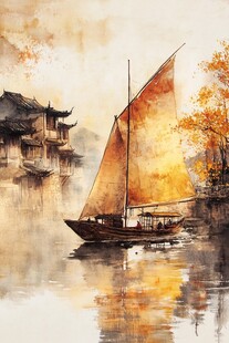 秋江孤帆旁的古韵楼阁