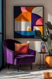 紫色沙发旁的艺术挂画角落