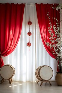 中式喜庆场景中的鼓与装饰