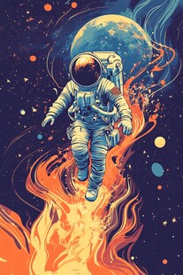 宇航员在火焰中遨游太空
