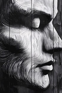 黑白木雕人脸艺术特写