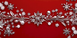 红色背景上的银色圣诞装饰