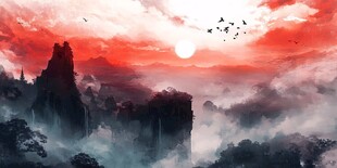 红日映山巅 飞鸟入云间