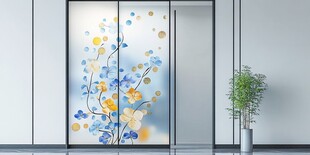 蓝黄花卉玻璃门装饰画