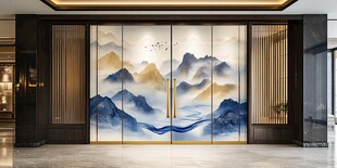 中式山水艺术玻璃双开门