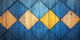 蓝黄菱形拼接木质墙面