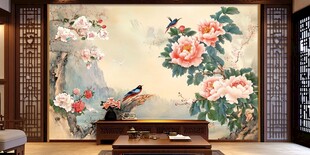 中式客厅花鸟壁画装饰