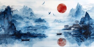 水墨山水间的红日飞鸟景