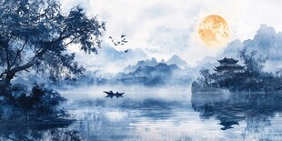 月夜泛舟山水诗意画卷