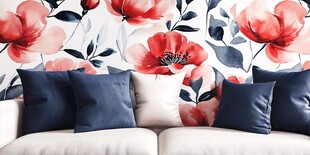花卉墙布搭配舒适沙发抱枕