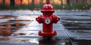 红色消防栓立于湿滑地面