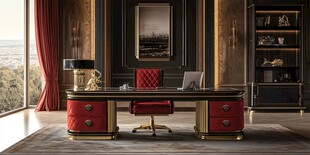 奢华书房 精致书桌与红椅