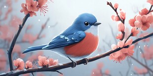 蓝羽红腹小鸟栖于花枝间