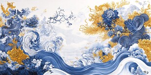 蓝黄国风海浪花卉装饰画