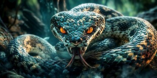 凶猛花斑蛇吐信子特写