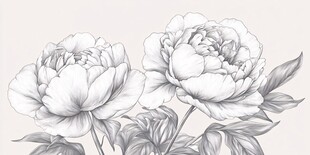 黑白手绘双朵盛开牡丹花