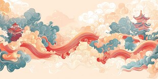 国风山水云纹古建筑图景