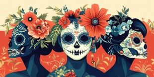 三骷髅女郎的花卉装饰画