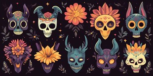 亡灵节风格骷髅与花卉图案