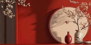 中式红墙下的雅致花瓶景致