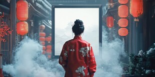 红衣女子漫步中式烟霞小巷