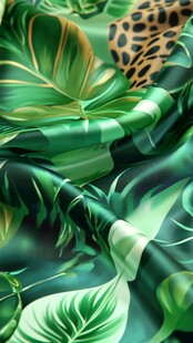热带风绿叶豹纹丝绸面料